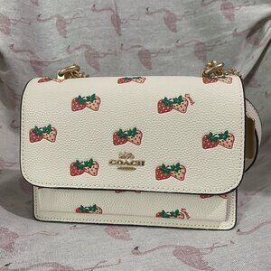 Coach Strawberry Print White Flap Shoulder Bag